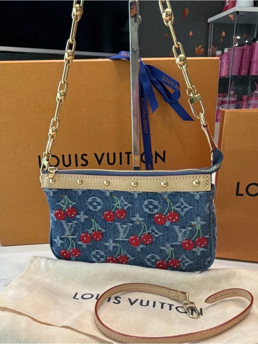 Louis Vuitton Denim Cherry Murakami Pochette with Gold Chain